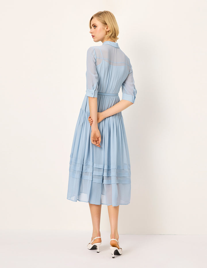 MARYLING Lapel Sheer Overlay Pin-Tuck Paneled Pleated Midi Shirt Dress
