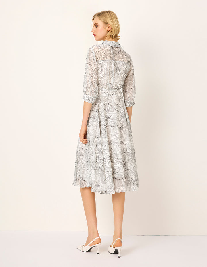 MARYLING Tie-up Lapel Black Stripe Printed Pleated Midi Dress