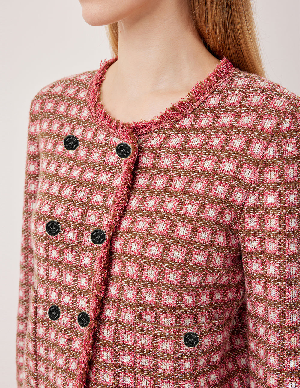 MARYLING Round Neck Long Sleeve Plaid Double-Breasted Knit Cardigan