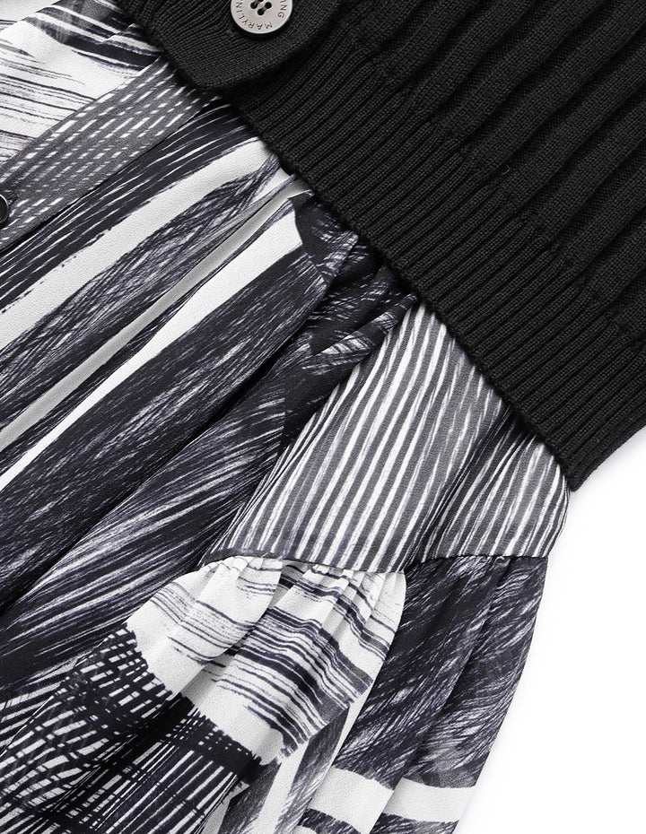 MARYLING V-Neck Shirt Collar Knitted Splicing Fake Two-Piece Printed Dress