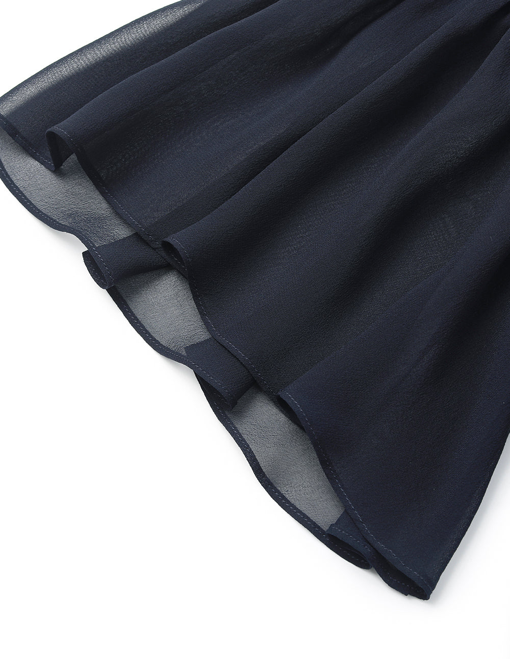 MARYLING V-Neck Half-Sleeve Sheer Overlay Bow Silk Black Top