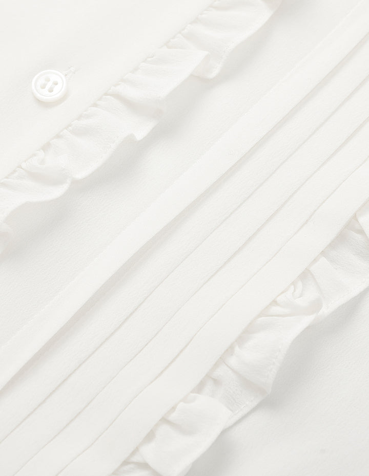 MARYLING V-Neck Long-Sleeve Ruffle-Trim Pin Tuck Silk Blouse