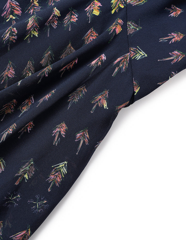 MARYLING V-Neck Ribbon Tree-Printed Blue Dress