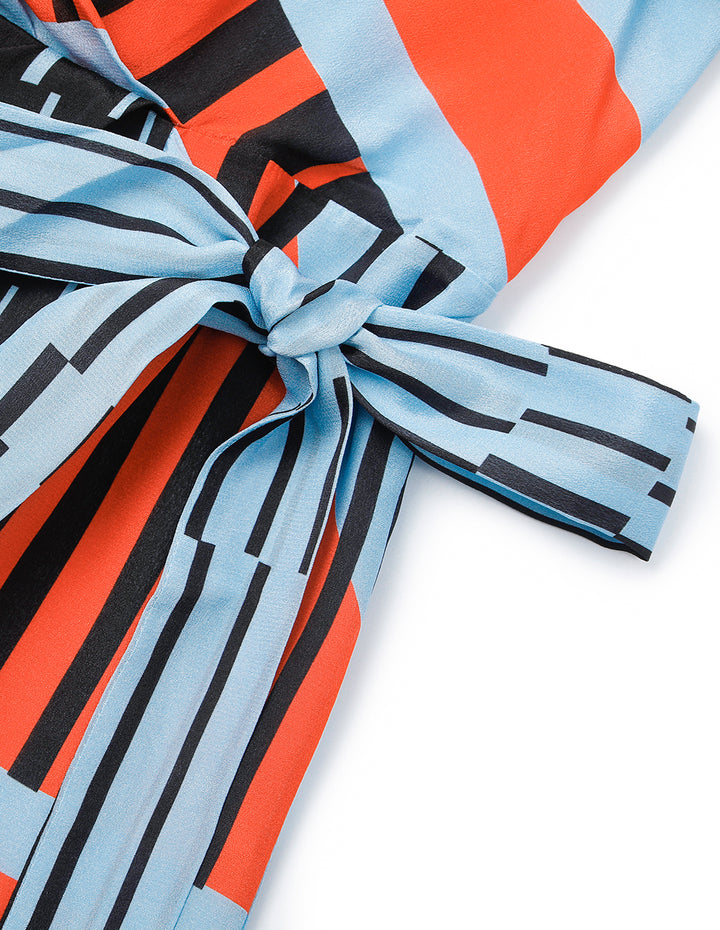 MARYLING V-Neck Short-Sleeve Wrap Empire-Waist Print Tie Silk Midi Dress