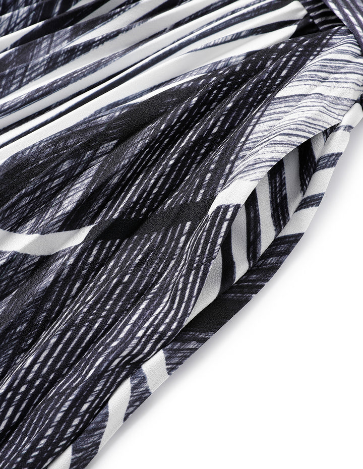 MARYLING Knitted Turtleneck Printed A-Line Pleated Midi Dress