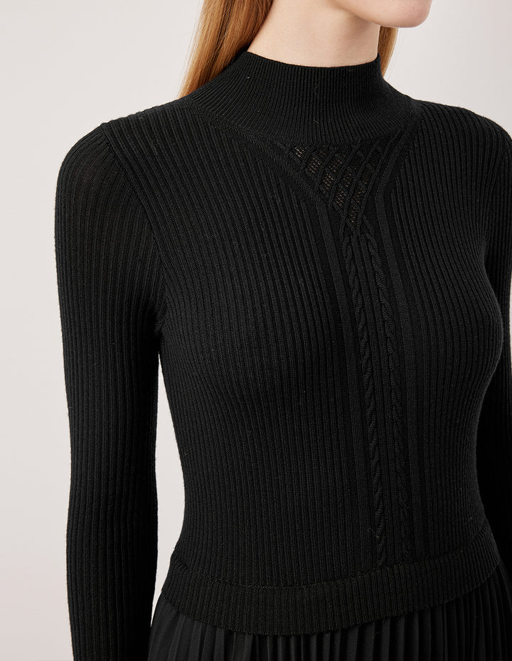 MARYLING Round Neck Long Sleeve Patchwork Wool Pleated Midi Knit Dress