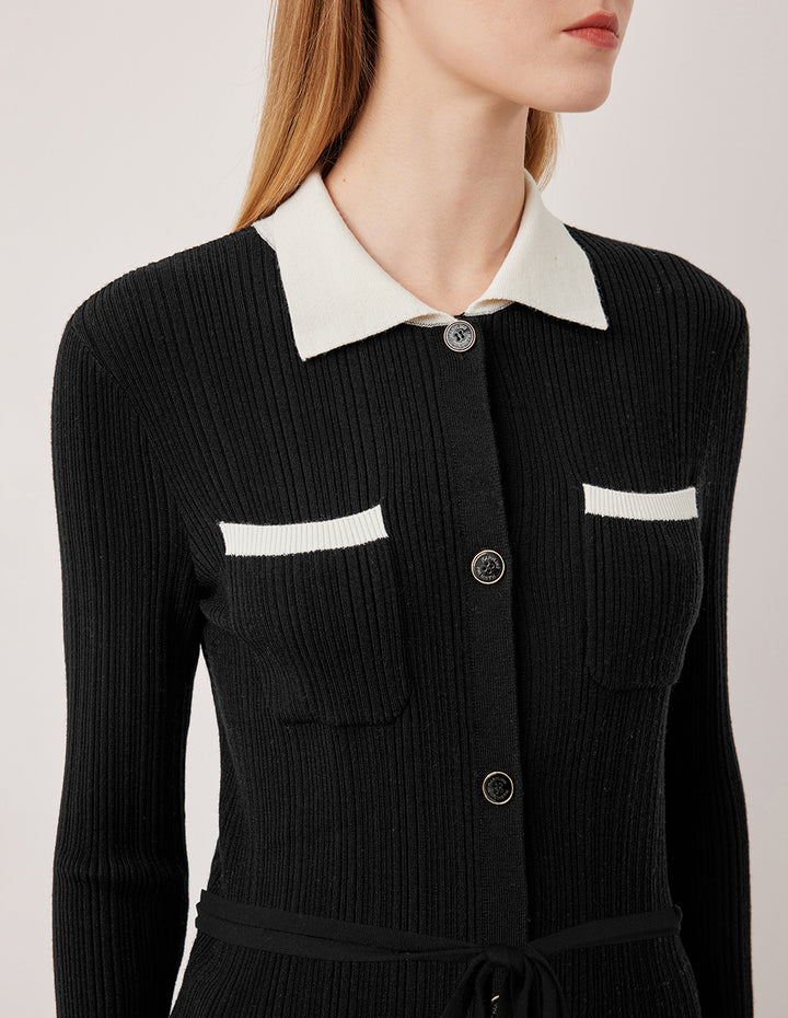 MARYLING Lapel Long Sleeve Belted Wool Long Knit Cardigan