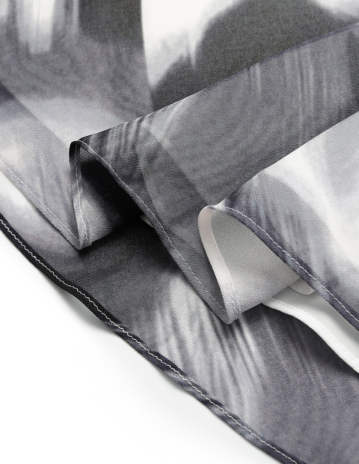 MARYLING Lapel Half-Sleeve Empire-Waist Ink Print Pleated Mid Shirt Dress