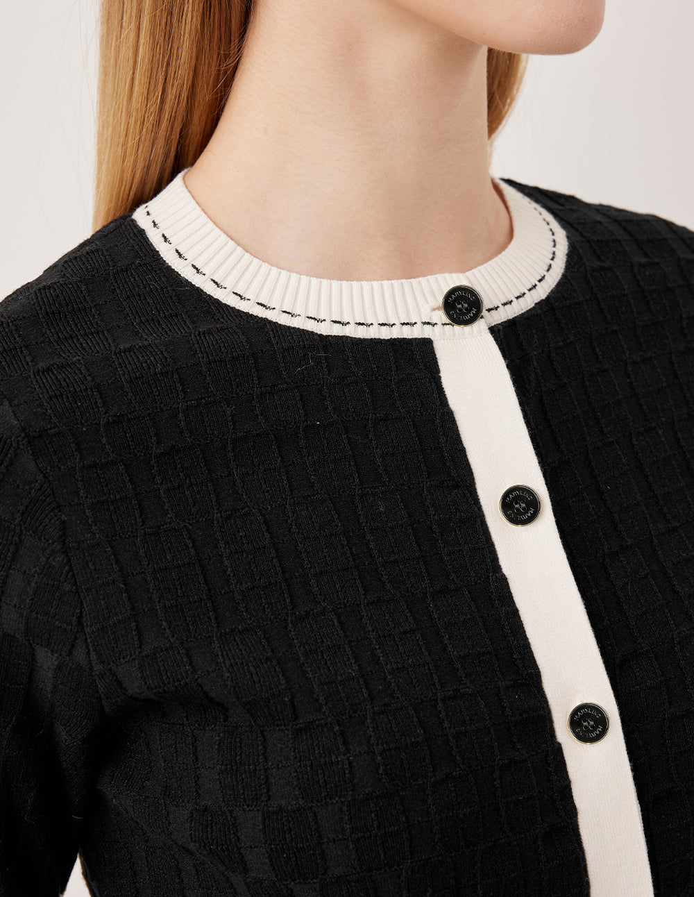 MARYLING Round Neck Half Sleeve White-Trimmed Knit Cardigan