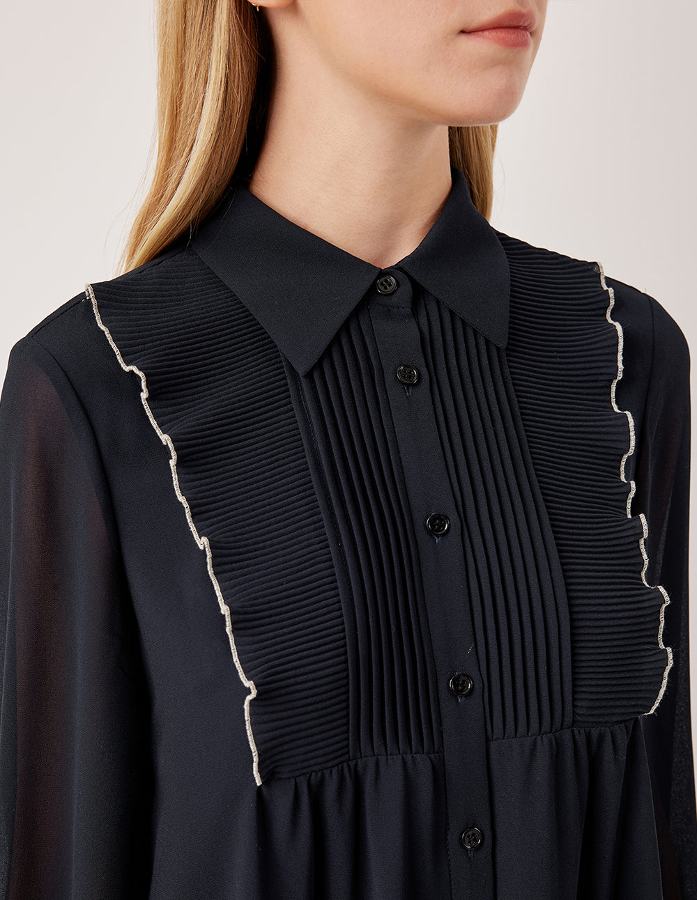 MARYLING Sheer Long-Sleeved Pintuck Ruffle-Trim Silk Blouse