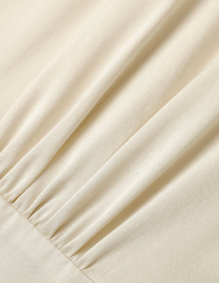 MARYLING V-Shaped Shirt-Collar Waisted Cream Silk Top