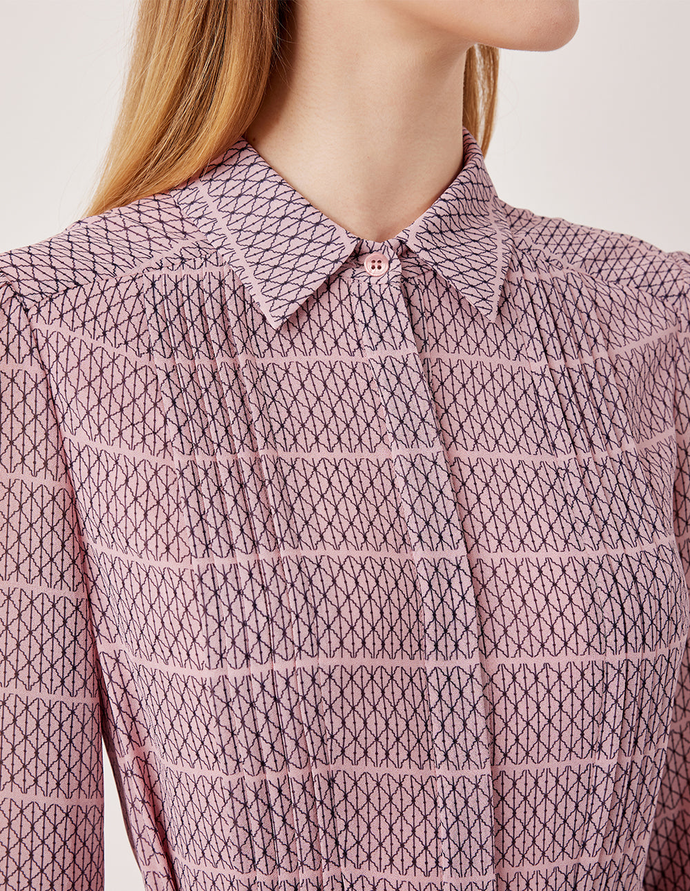 MARYLING Lapel Puff Long-Sleeve Pin Tuck Plaid with Tie Belt Pleated Midi Shirt Dress