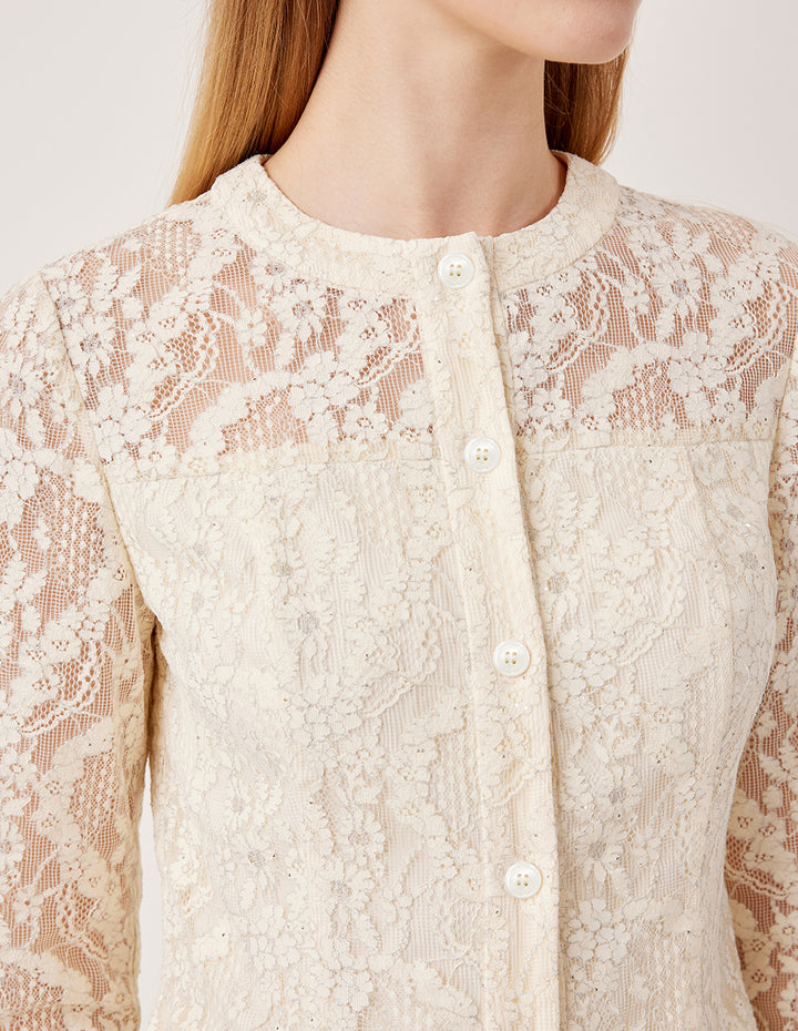 MARYLING Round Neck Lace Embroidered Sequin Long Sleeve Top
