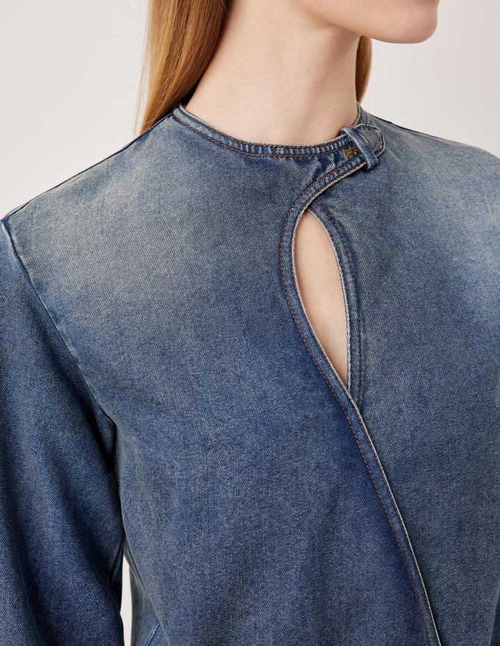 MARYLING Round Neck Hollow Long-Sleeve Cropped Biker Denim Jacket