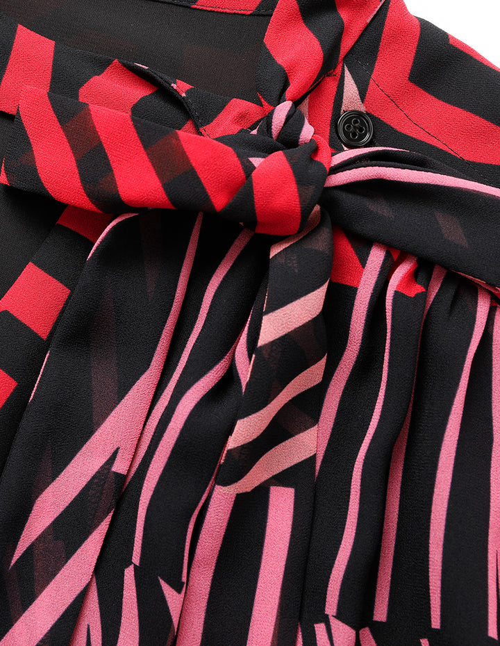 MARYLING Striped Long-Sleeve Tie-Neck Printed Top