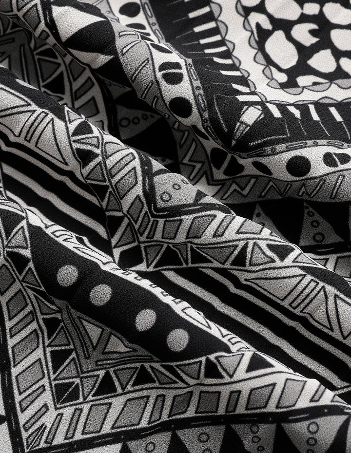 MARYLING Ruffle Collar Long-Sleeve Printed Patchwork Knitted Midi Dress