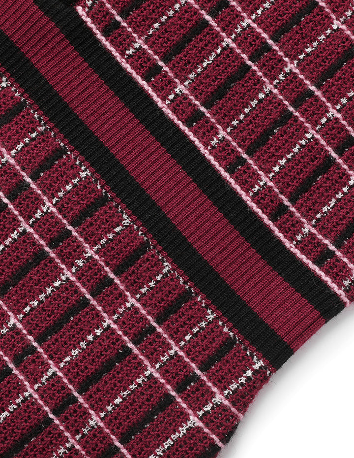 MARYLING Red & Black Plaid Long-Sleeve Imitation Tweed A-Line Knitted Midi Dress