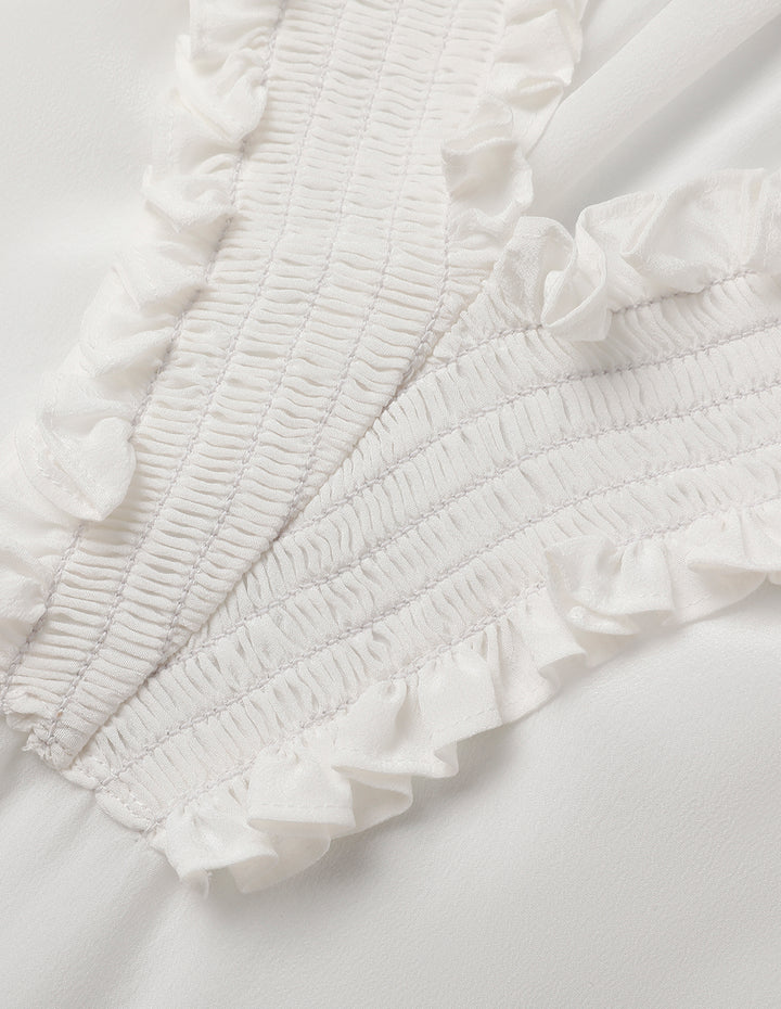 MARYLING V-Neck Ruffle Long-Sleeve Silk Top