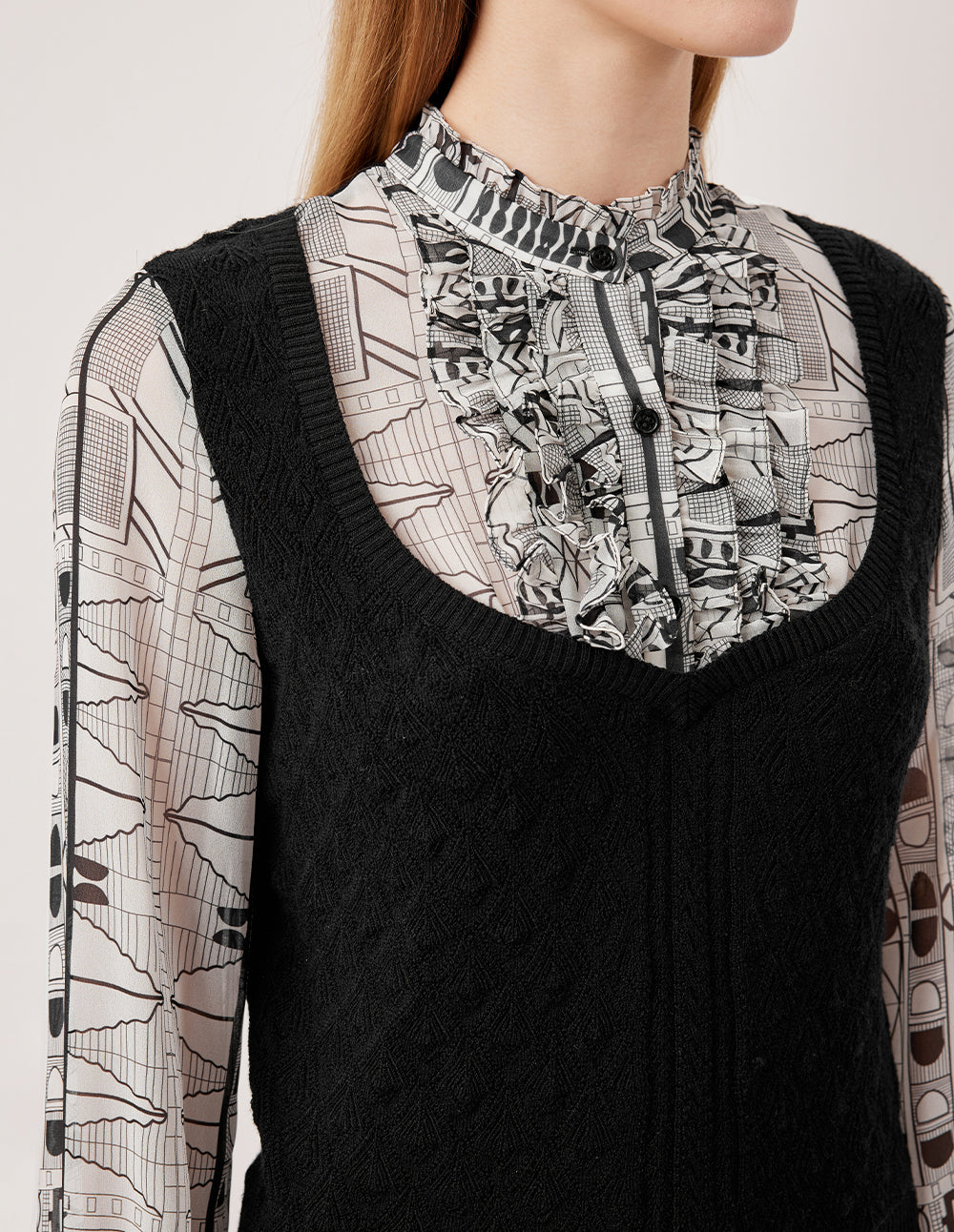 MARYLING Ruffled Turtleneck Printed Knit Long Sleeve Top