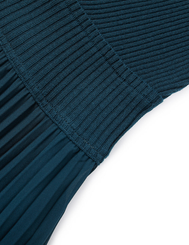 MARYLING High Collar Long Sleeve Knitted Patchwork Pleated Midi Peacock Green Dress