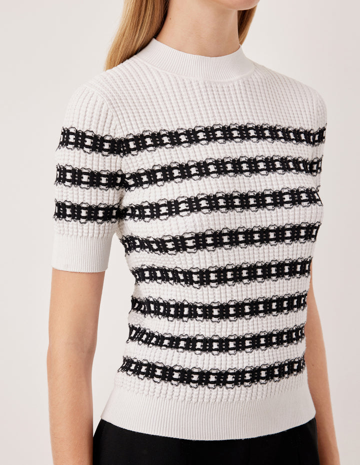 MARYLING Round Neck Short Sleeve Lace Textured Stripe Knit Top