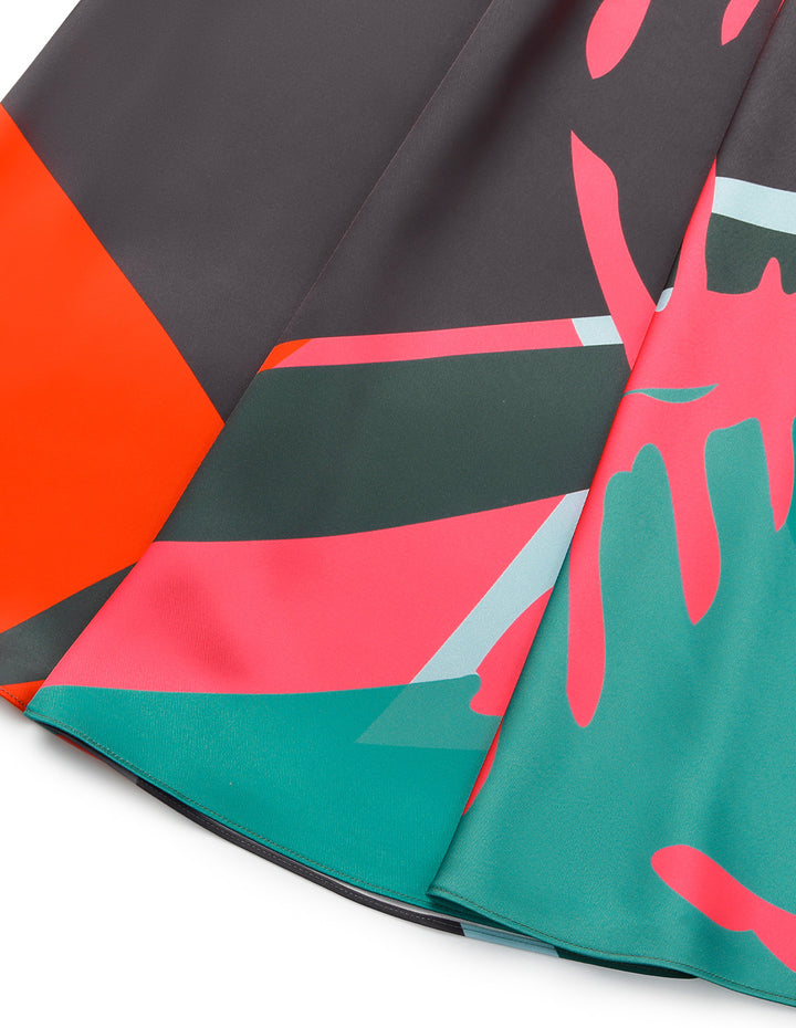 MARYLING Crew Collar Knitted Patchwork Printed Pleated Midi Dress