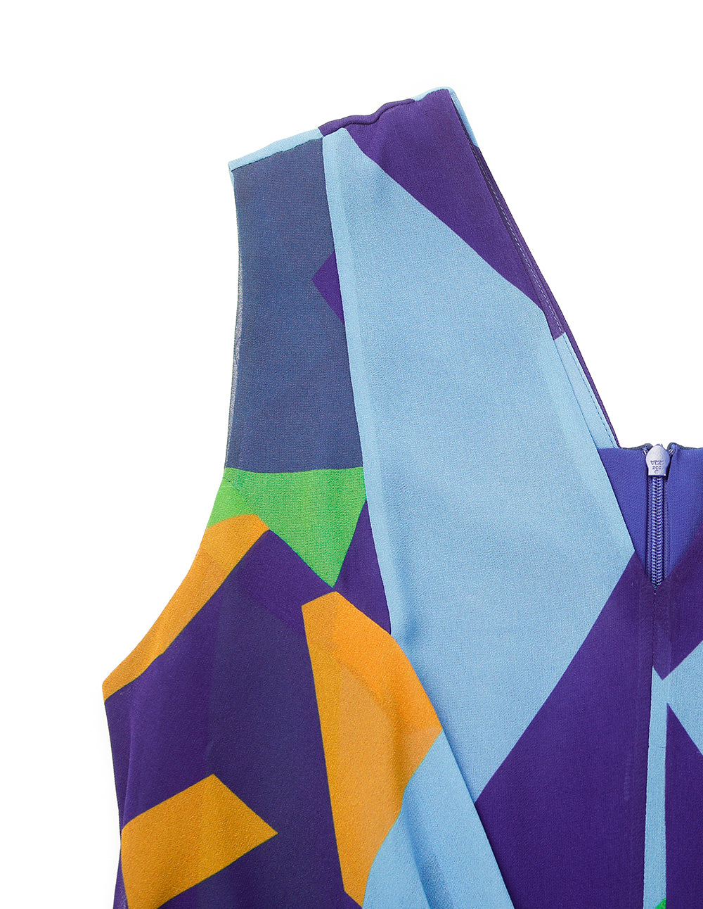 MARYLING V-Neck Sleeveless Blue Green Patchwork Floral Pleated Midi Dress