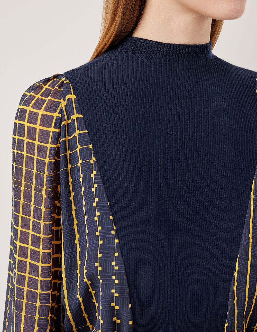 MARYLING Navy Plaid Patchwork Semi-High Neck Pullover Top