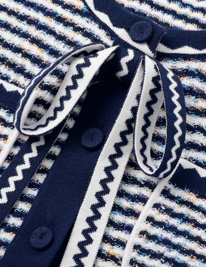MARYLING Blue And White Striped Ribbons Knitted Cardigan