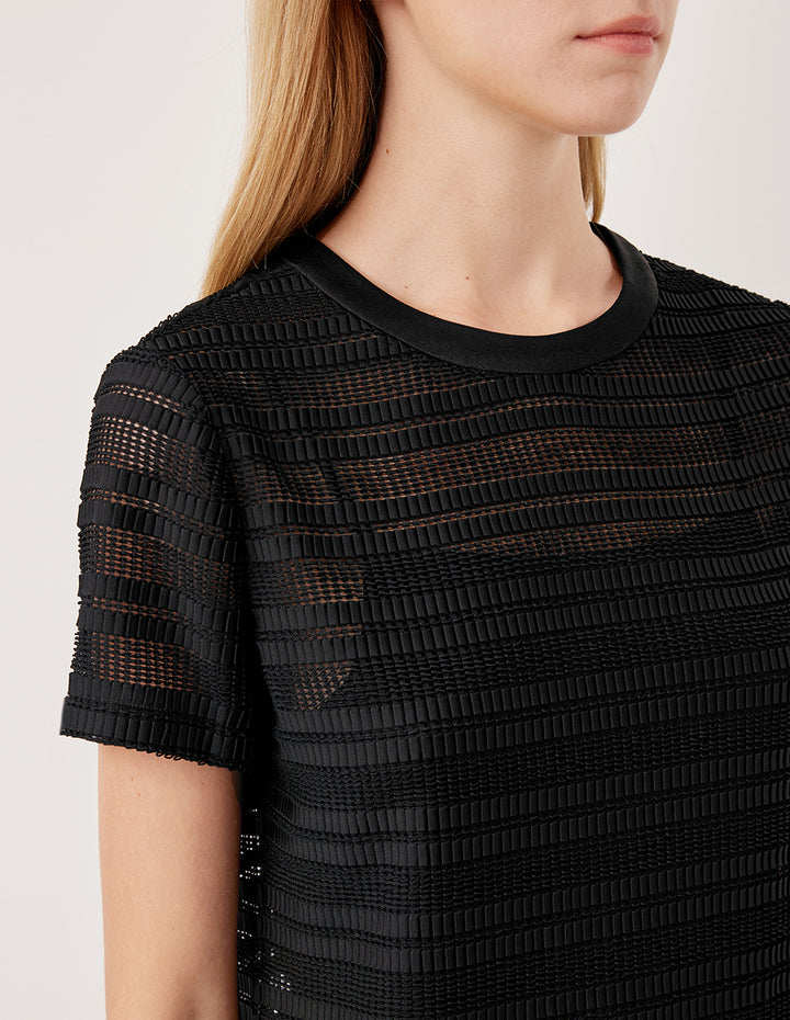 MARYLING Round Neck Short Sleeve Hollow Black Knit Top