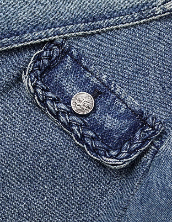 MARYLING Peaked Lapel Long-Sleeved 4-Pockets Wash Denim Jacket