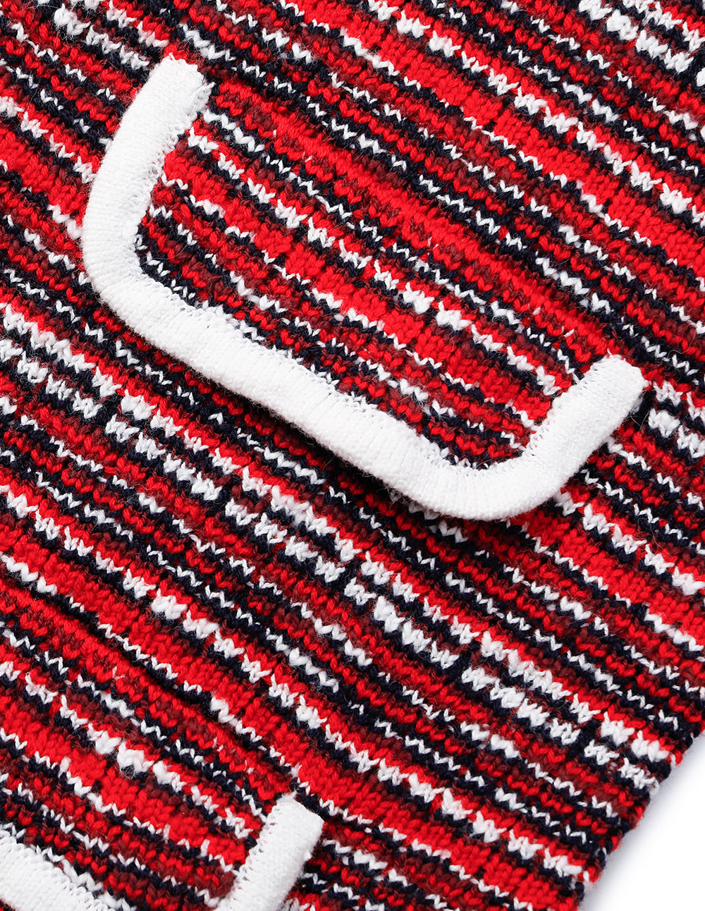 MARYLING V-Neck Red & White Checkered Tweed Multi-Pockets Knit Cardigan