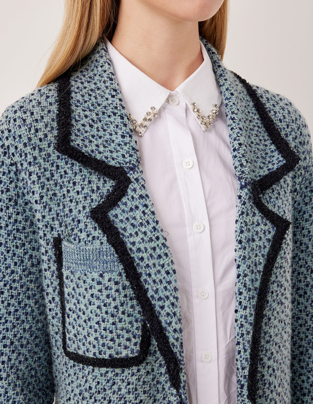 MARYLING Peaked Lapel Black Trim Wrap Long Knit Cardigan with Belt