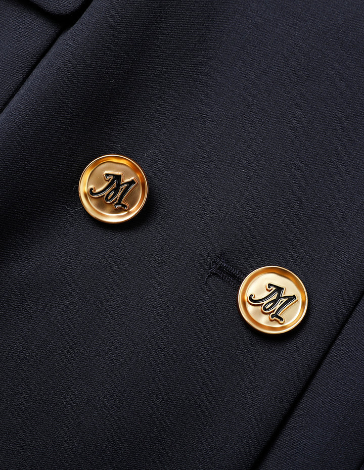 MARYLING Dark Blue V-Neck Long-Sleeve Double-Breasted Shift Mini Dress