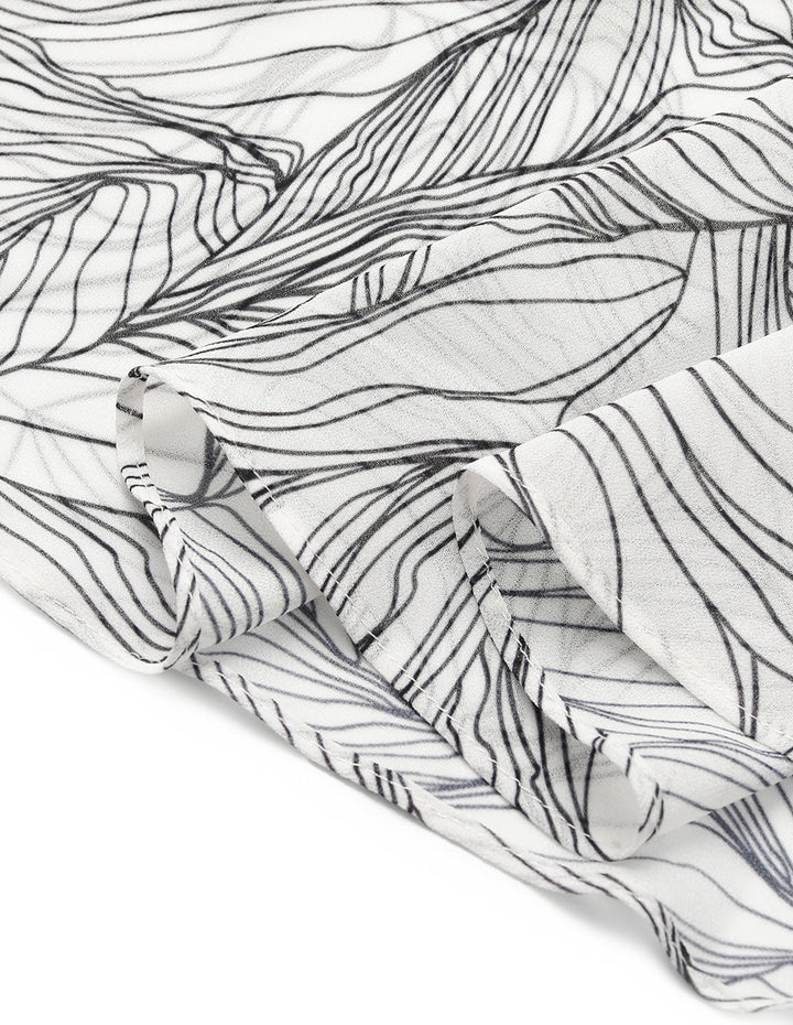 MARYLING Tie-up Lapel Black Stripe Printed Pleated Midi Dress