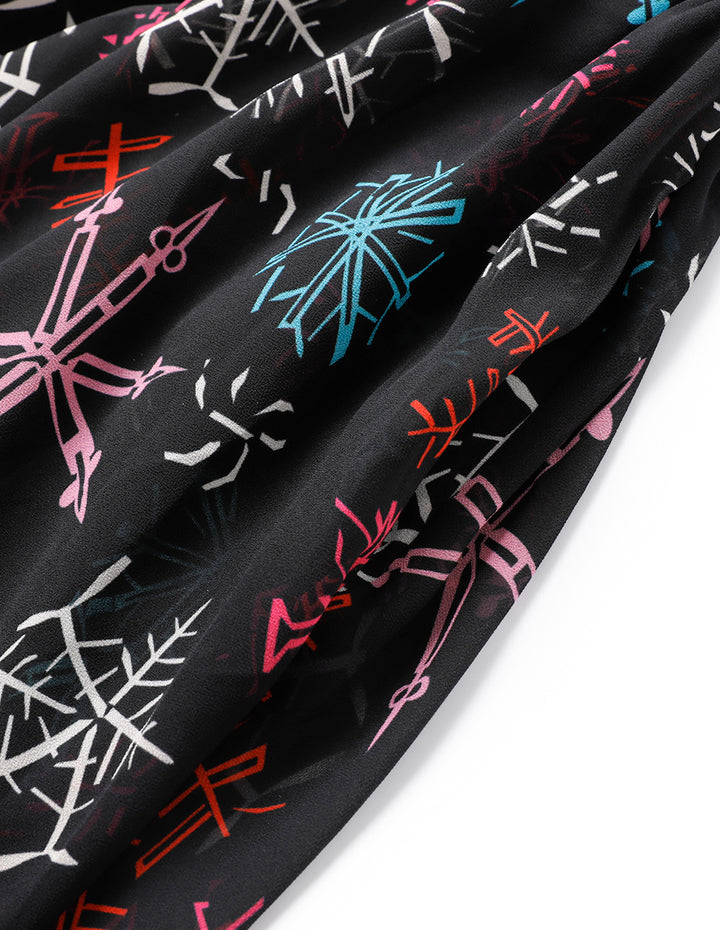 MARYLING Ruffle Collar Cutout Printed Long Sleeve Pleated Midi Dress