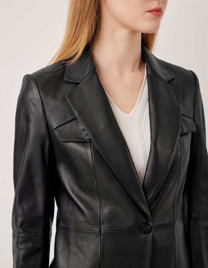 MARYLING Notch Lapel Single-Breasted Lambskin Blazer
