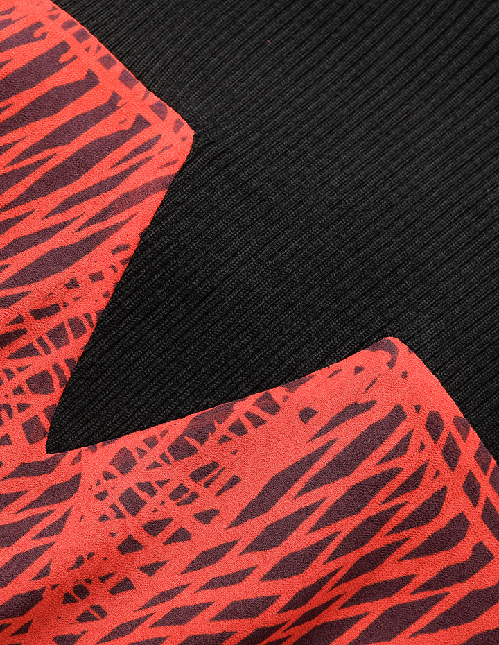 MARYLING High Collar Knit Patchwork Print Blouse