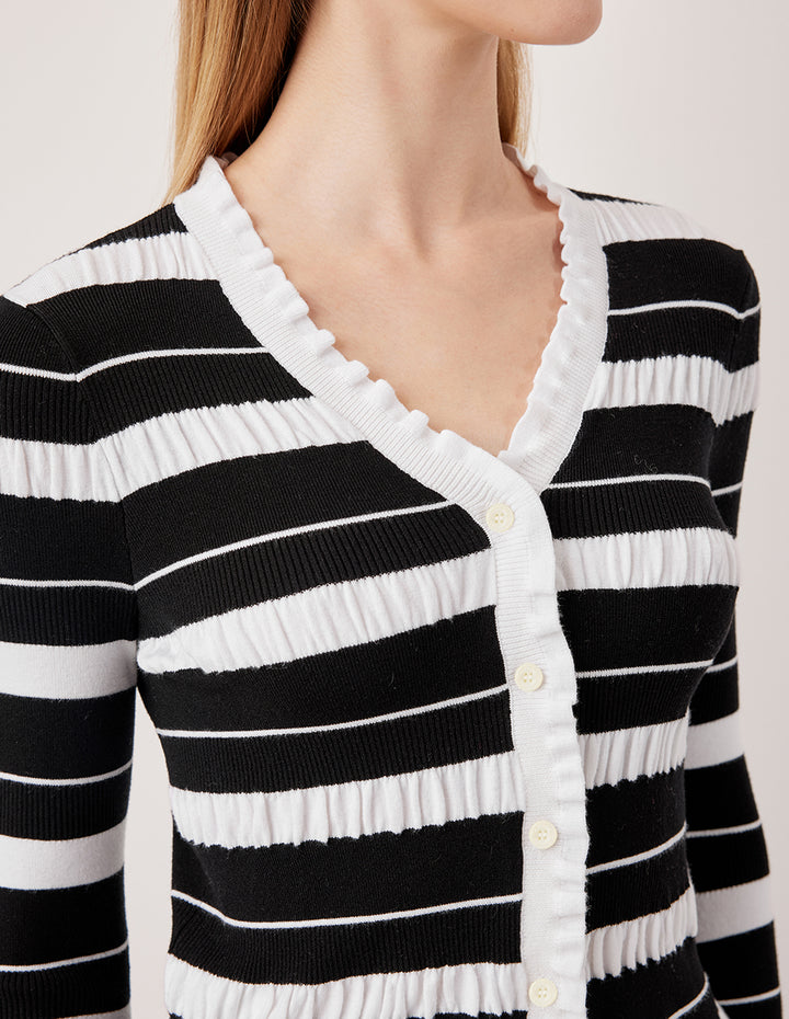 MARYLING V-neck Long-Sleeve Pleated Black And White Striped Contrast knitted cardigan