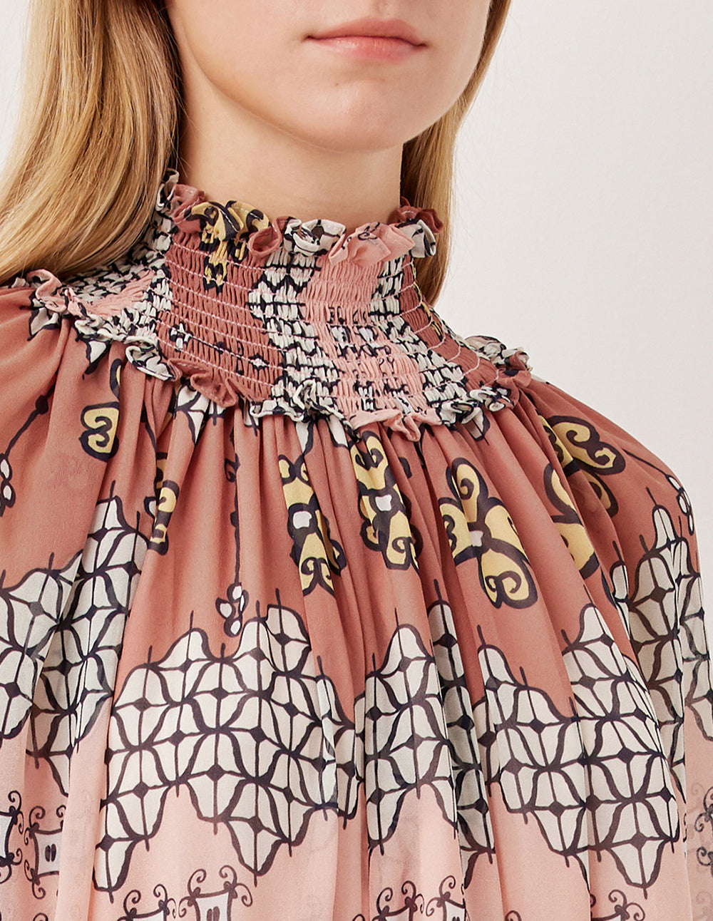 MARYLING Ruffle Turtleneck Long-Sleeve Floral Print Blouse