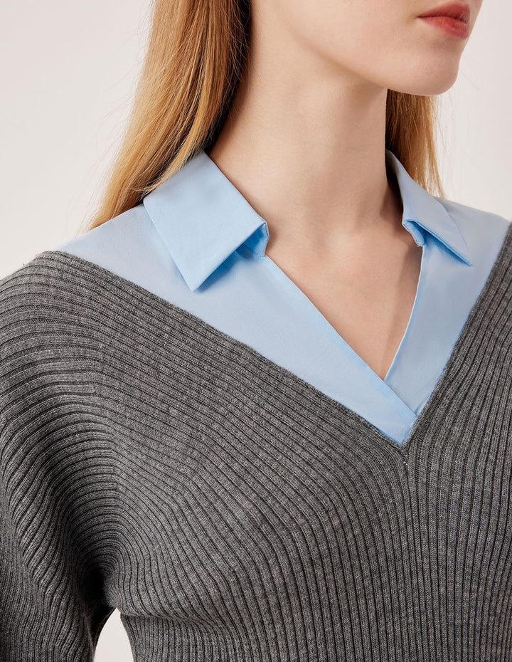 MARYLING Gray-Blue Wool Knit Patchwork Shirt Two-Tone Pullover