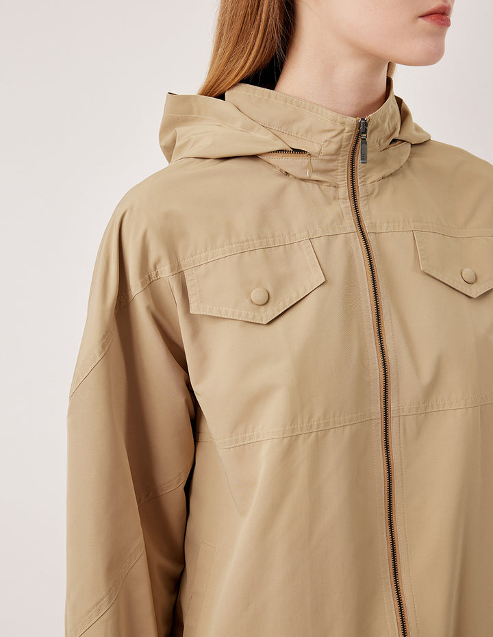 MARYLING Stand Collar Hooded Elastic Hem Cargo Jacket