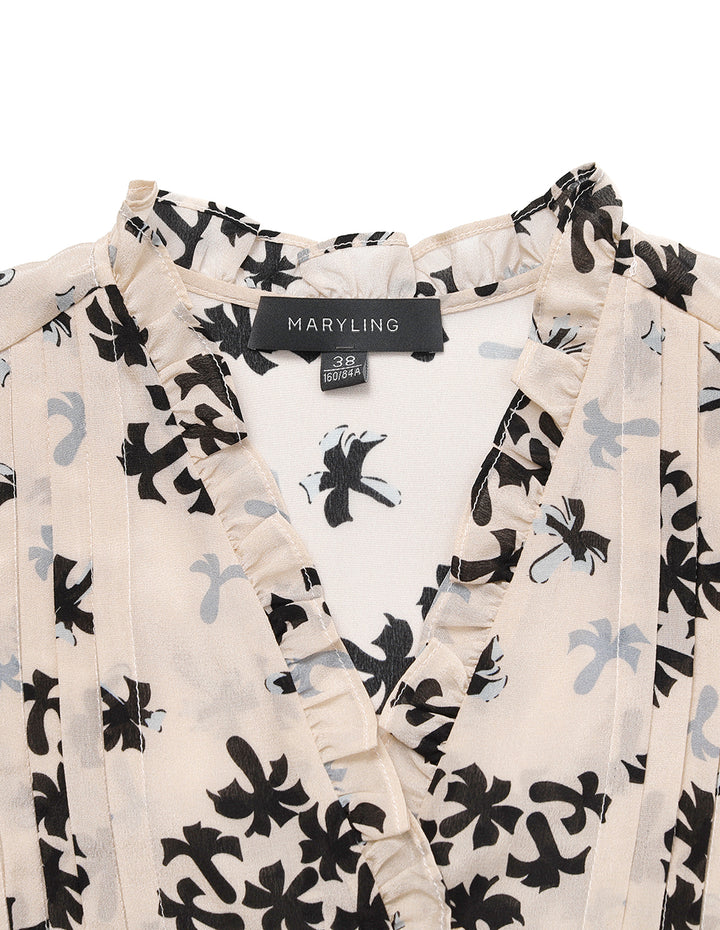 MARYLING V-Neck Long-Sleeve Leaf-Print Silk Blouse