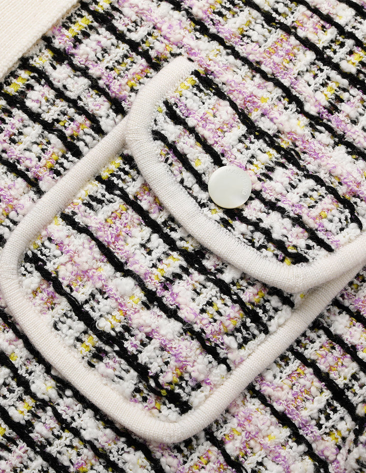 MARYLING Colorful Checkered Round-Neck Long-Sleeve Cropped Knit Cardigan