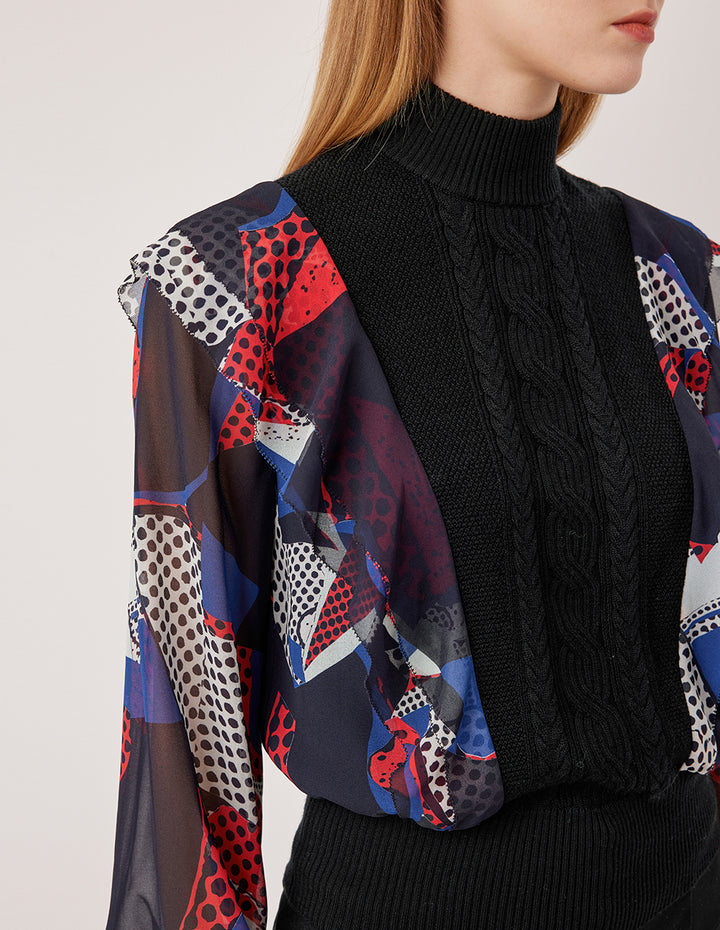 MARYLING Half-High Collar Long-Sleeved Blue & Red Printed Patchwork Knit Pullover