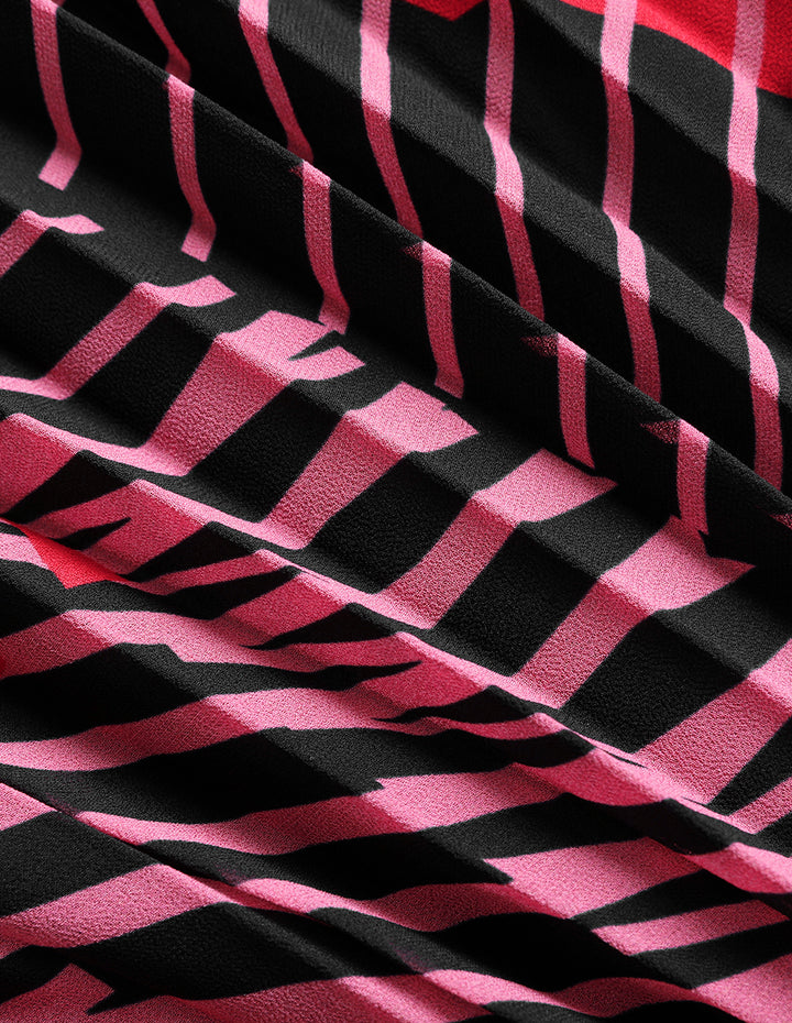 MARYLING Stripe-Printed Long Sleeve Patchwork Knitted Pleated Midi Dress