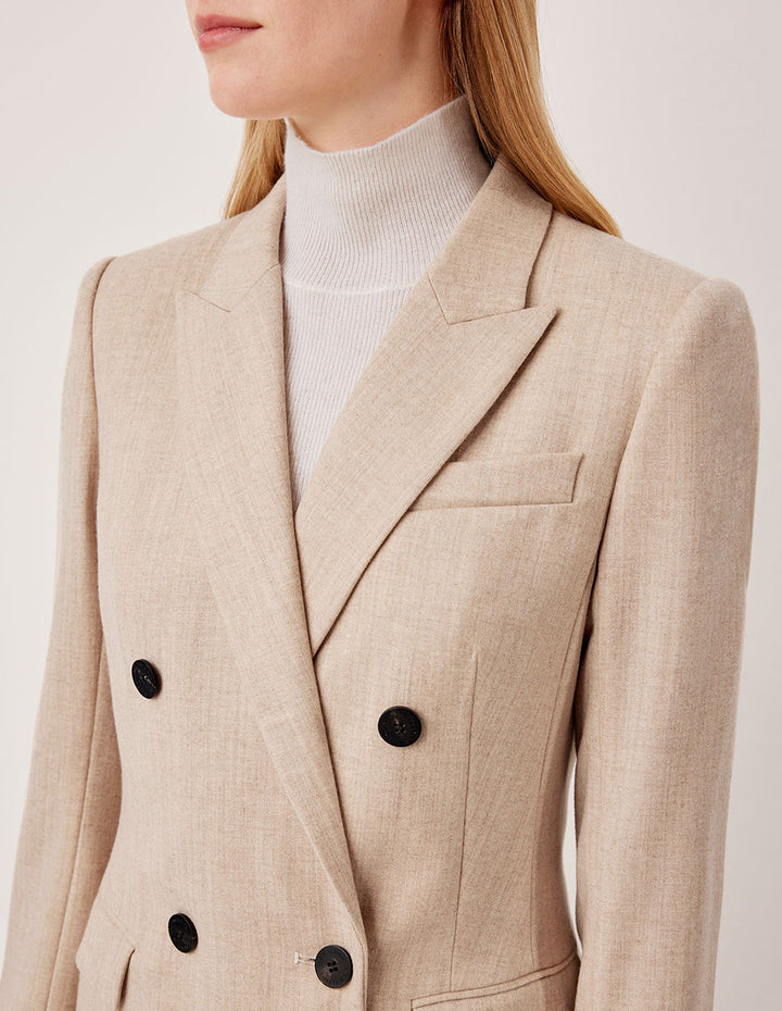 MARYLING Peaked Lapel Double-Breasted Commuter Beige Full Wool Blazer