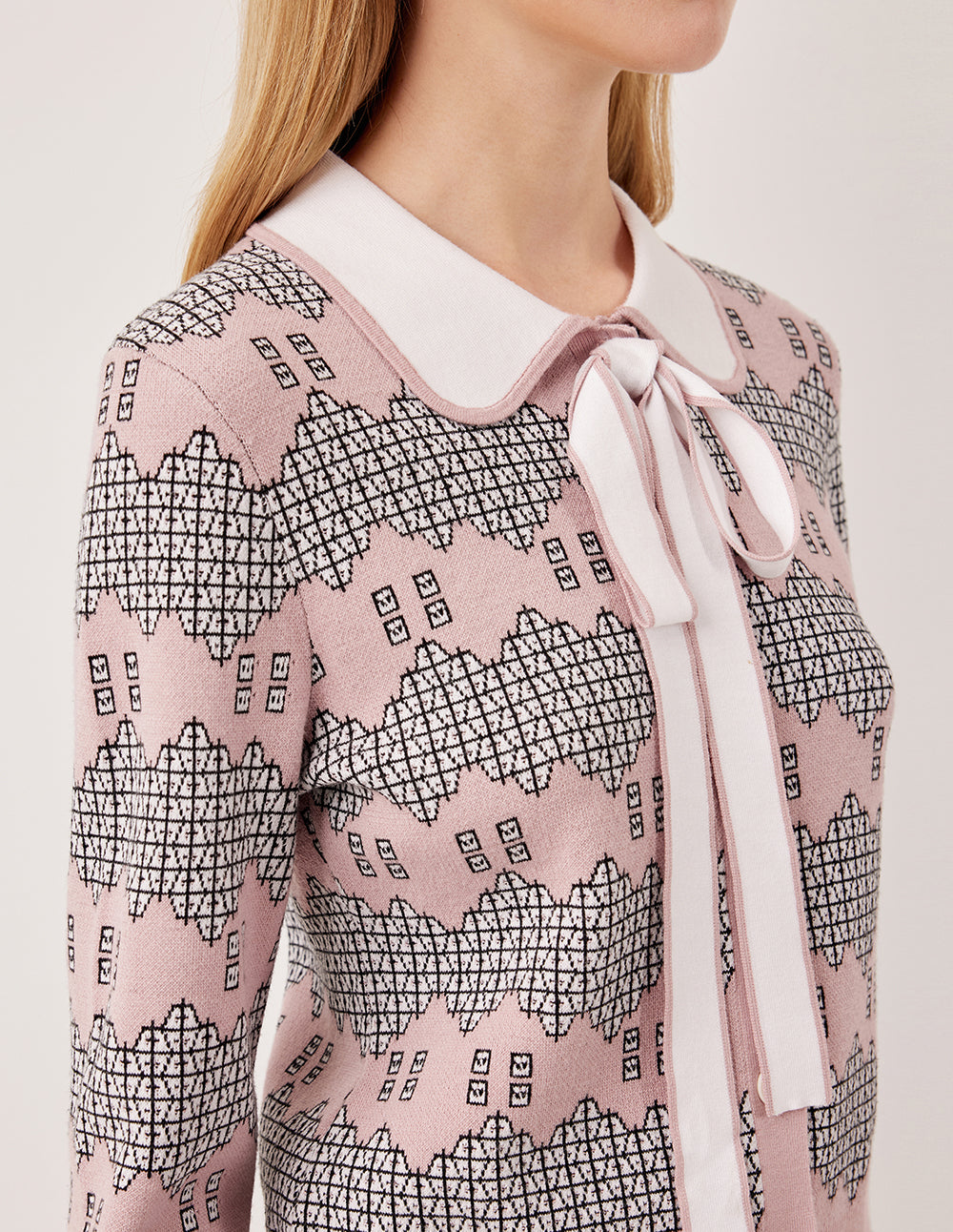 MARYLING Peter Pan Collar Long Puff Sleeve Pink Garden Print Knit Cardigan