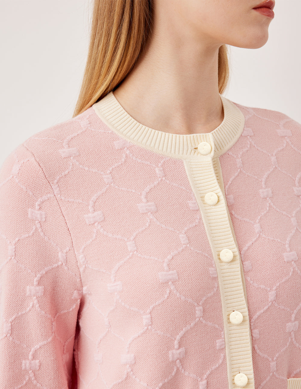 MARYLING Round Neck Long-Sleeve Beige Stripe Trim Knit Cardigan