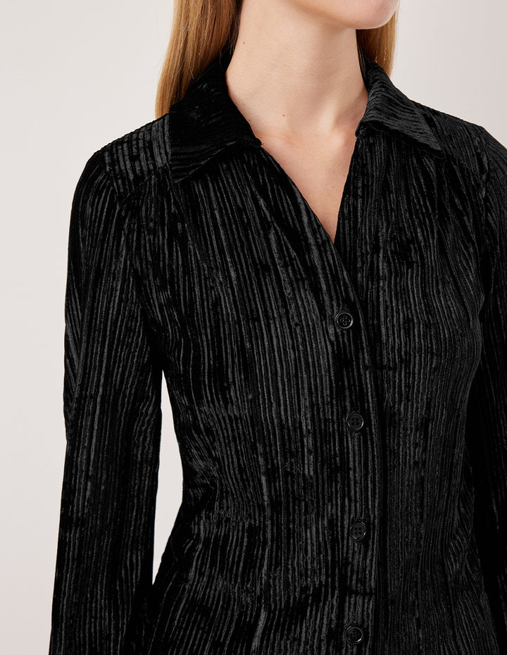 MARYLING Long Sleeve Pin-Tuck Velvet Blouse